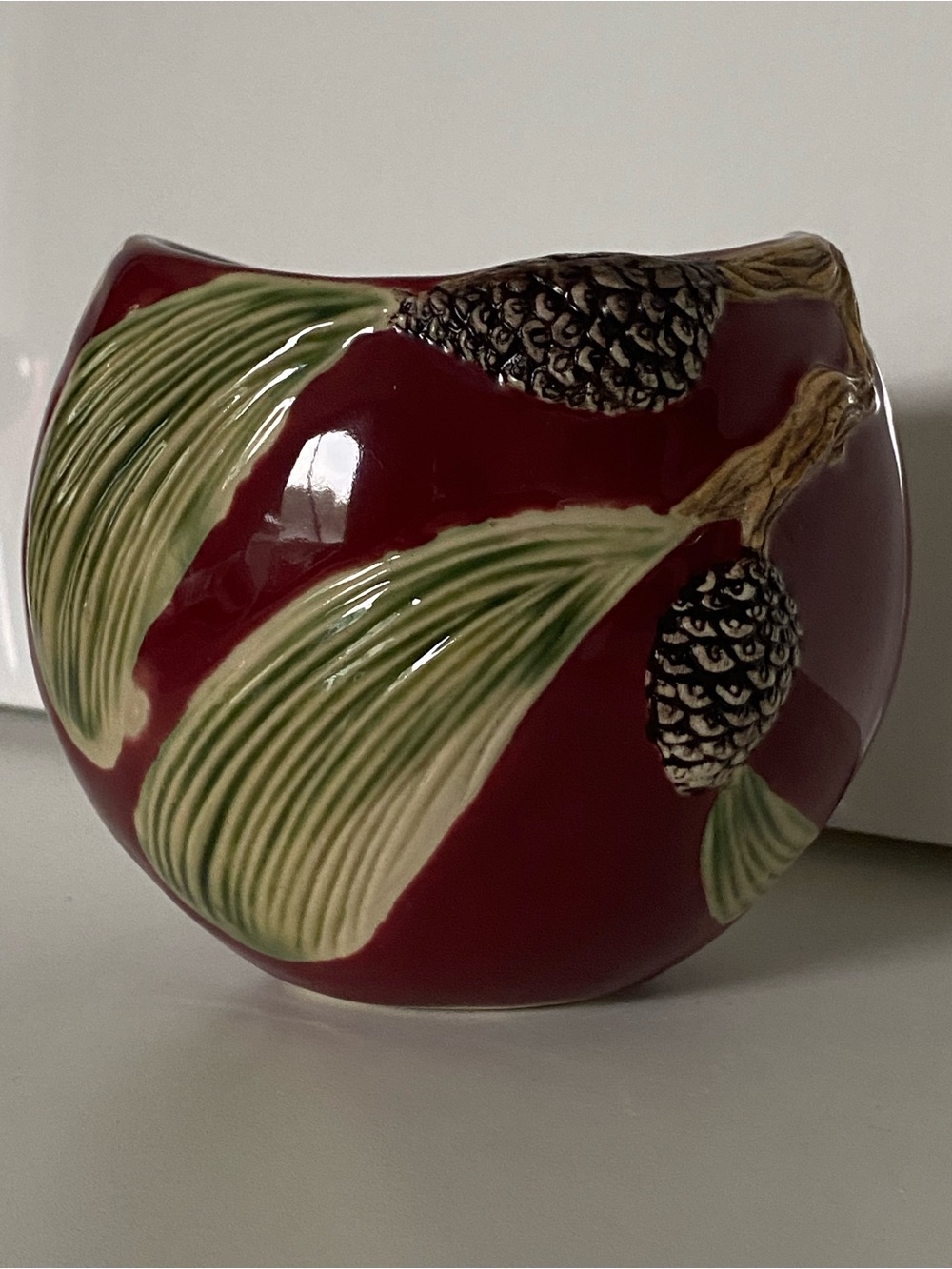 Vintage Pine Cone Vase Planter Art Pottery Burgundy Ceramic 4.5” X 5” EUC